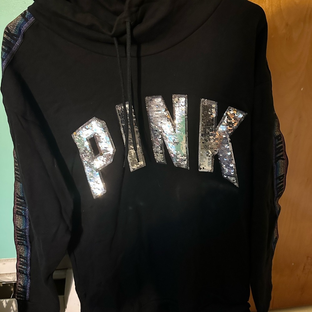 Pink sweatshirt black with rainbow sleeve size medium